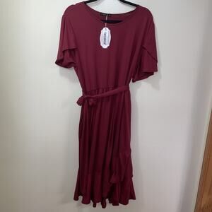 Levanca Women’s 2XL Dress Short sleeve MIDI Ruffle Burgundy Holiday Cottagecore
